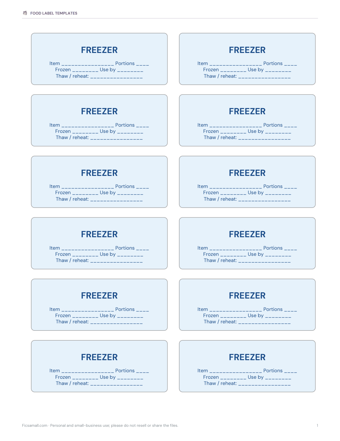 Preview of the first page of Freezer labels