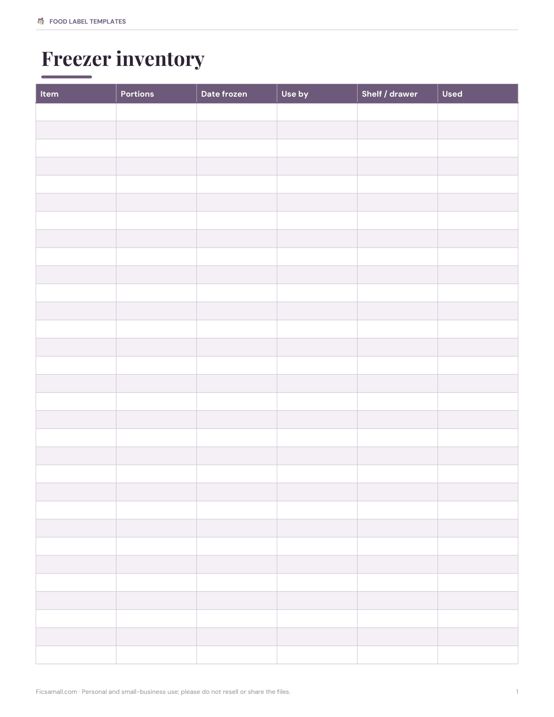 Preview of the first page of Freezer inventory (XLSX)